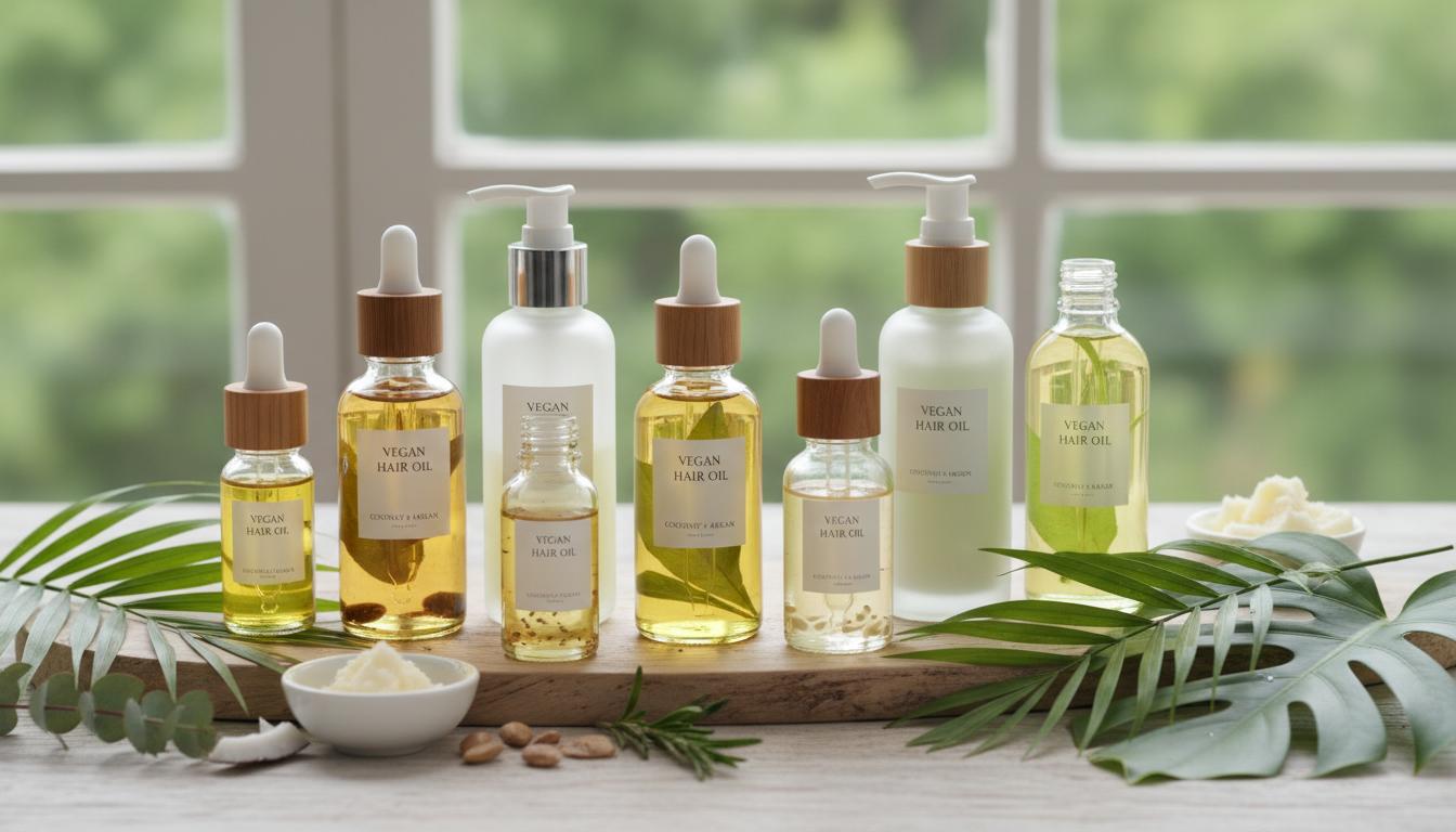 Vegan hair oils in glass dropper bottles with botanicals