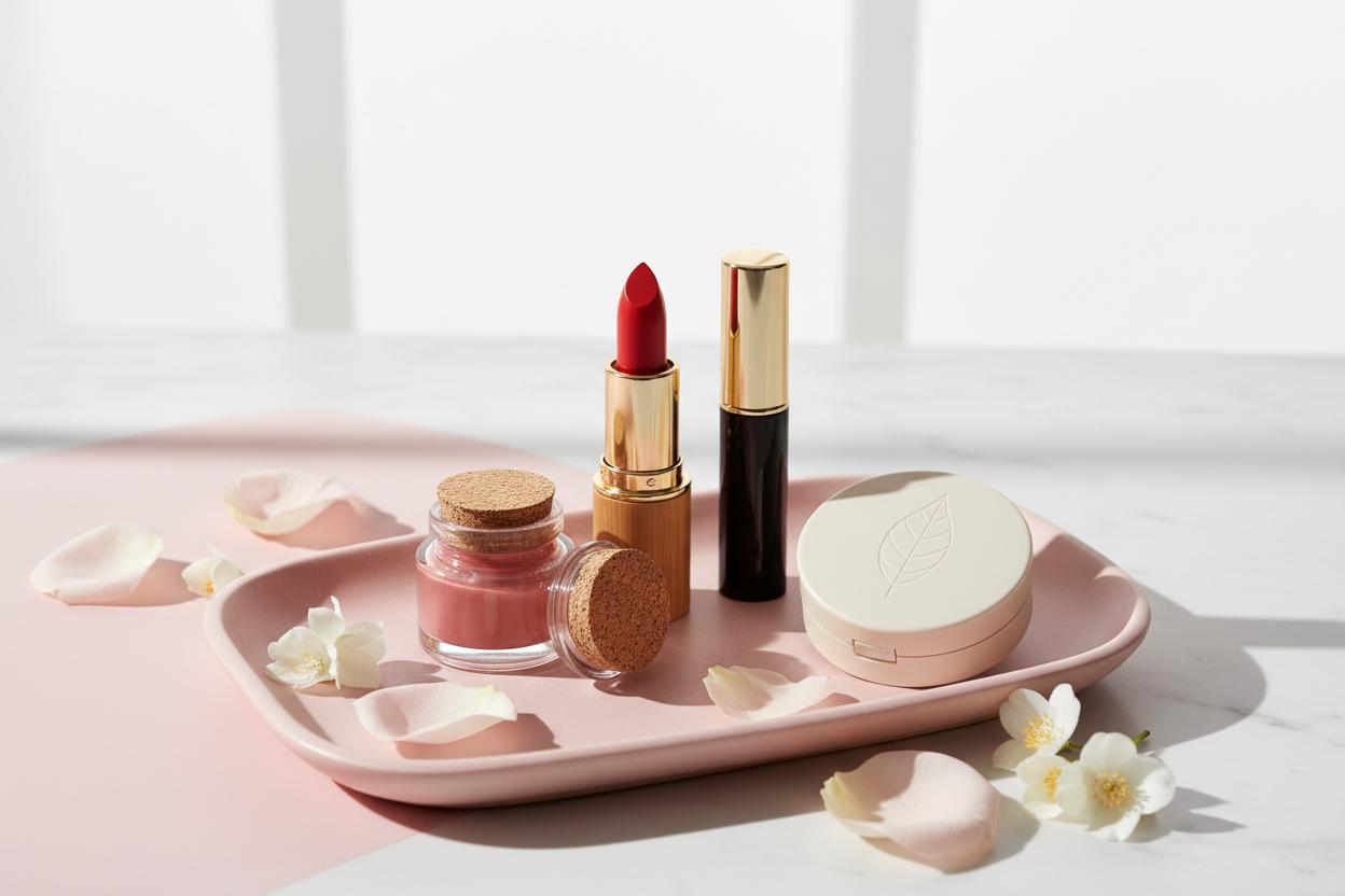Vegan makeup products on pink tray