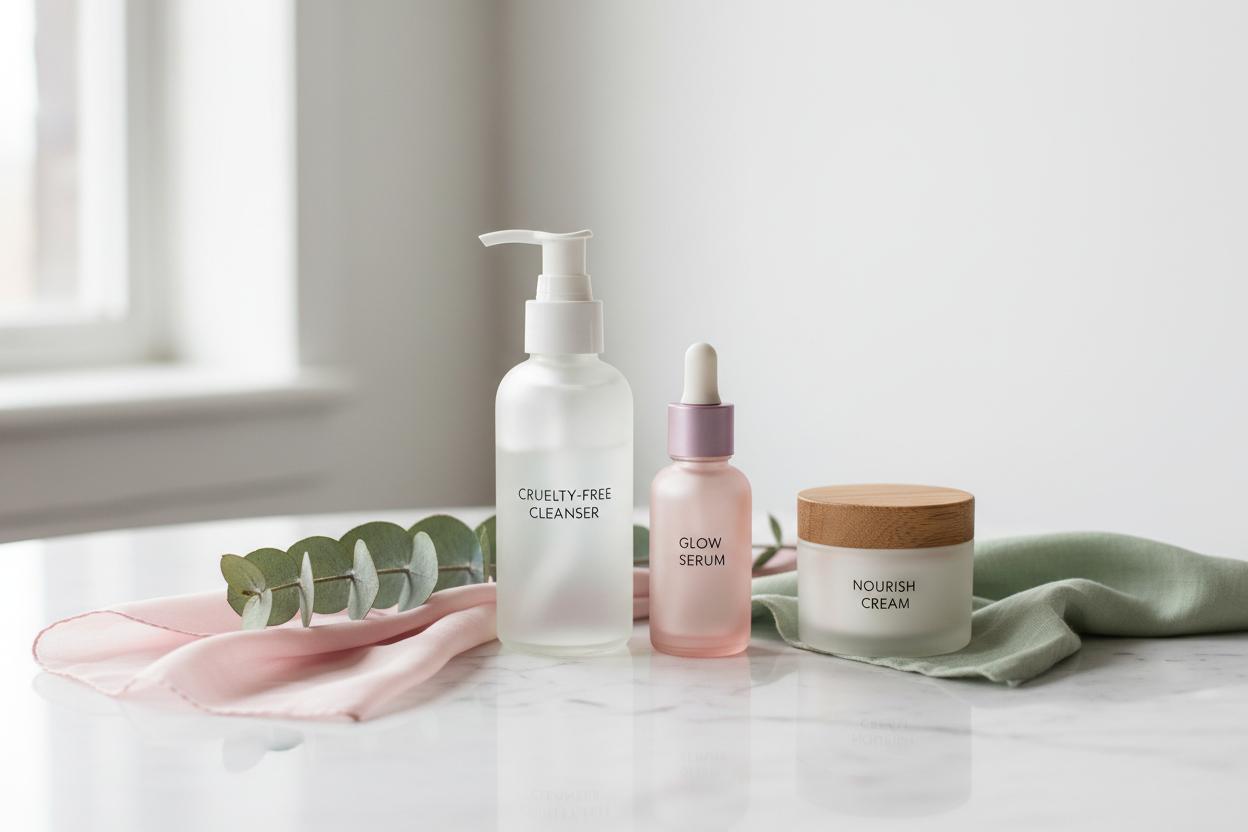 Cruelty-free skincare products arranged on marble surface