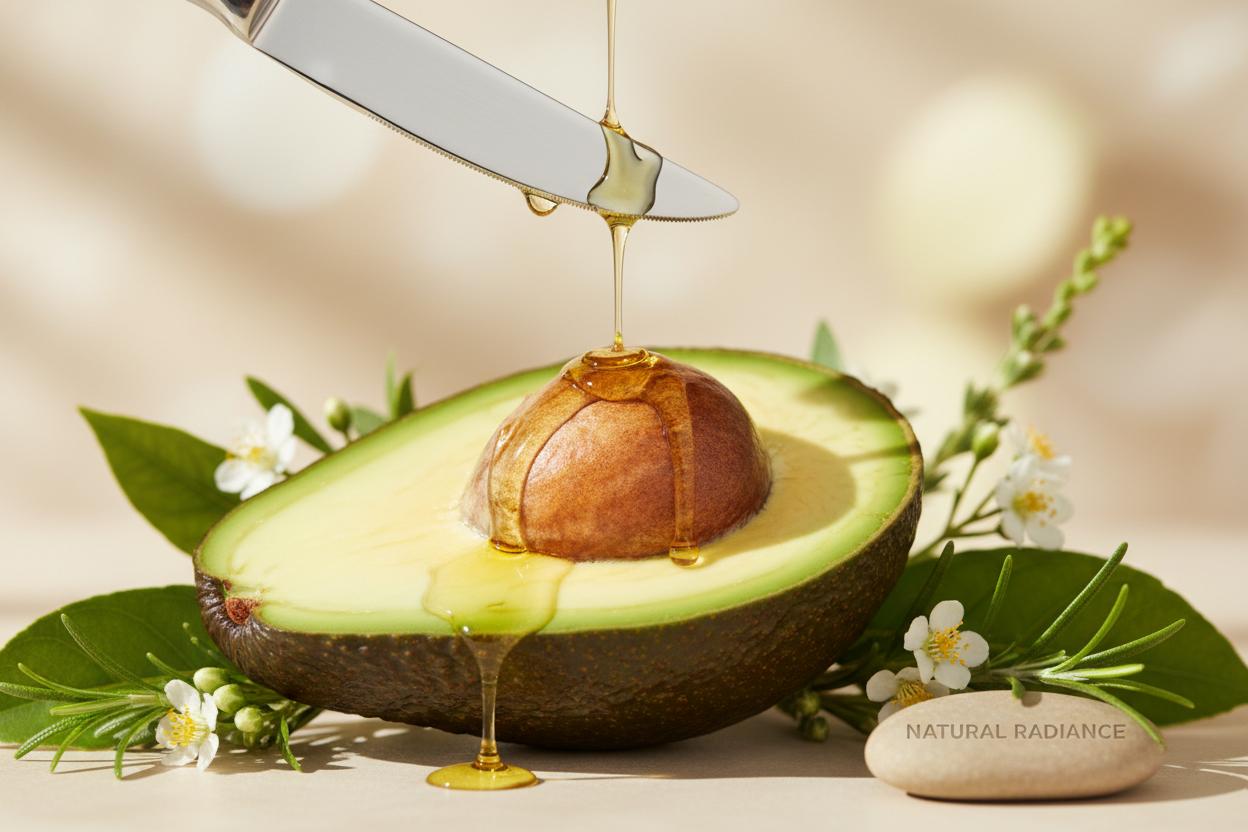 Fresh avocado with golden oil drops for skincare